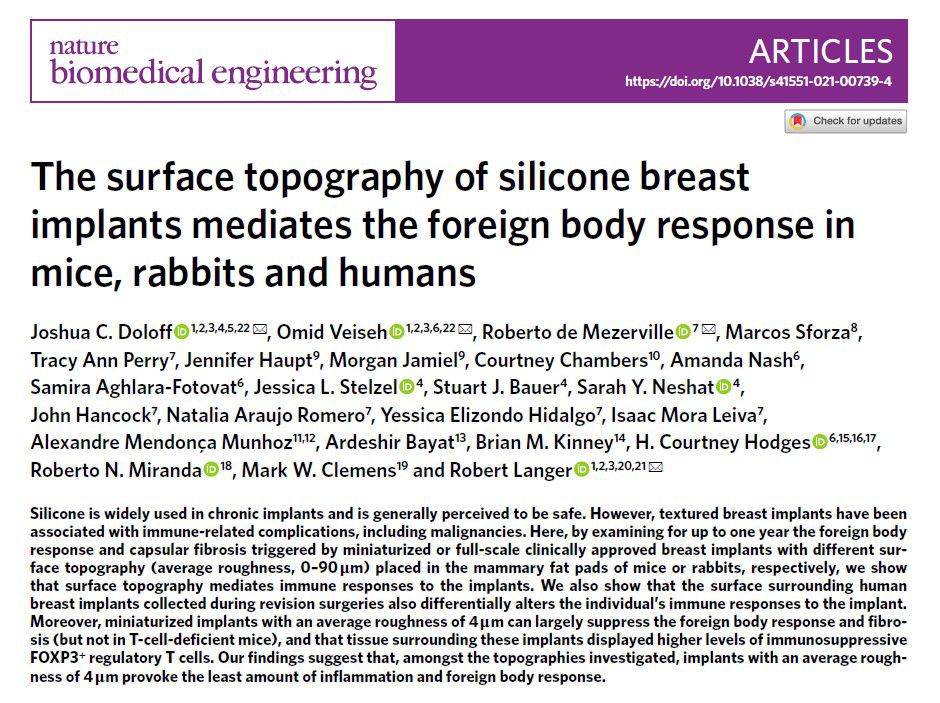 Nature Biomedical Engineering期刊，針對隆乳植入材質進行發表