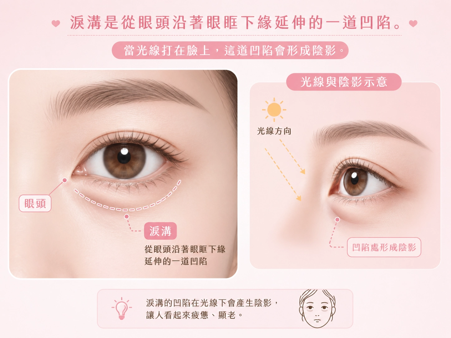 淚溝是從眼頭沿著眼眶下緣延伸的一道凹陷。當光線打在臉上,這道凹陷會形成陰影,讓眼下看起來暗沉、浮腫,即使氣色不錯也容易被解讀成疲倦或熬夜。