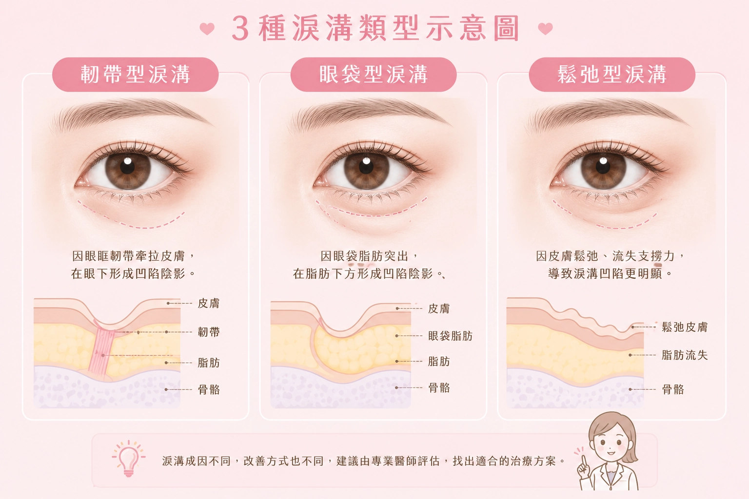 臨床上常依成因把淚溝分成三種類型:韌帶型淚溝、眼袋型淚溝、鬆弛型淚溝