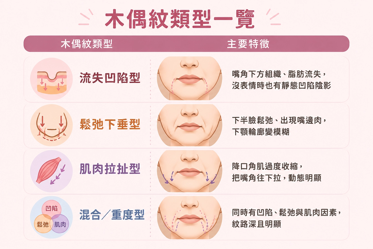 木偶紋不是單一問題,而是皮膚、肌肉、脂肪與支撐結構同時老化的結果,所以「 打什麼 」要先看你屬於哪一型。同樣是嘴角兩條線,凹陷造成的、鬆弛造成的、肌肉拉扯造成的,適合的療程完全不同!