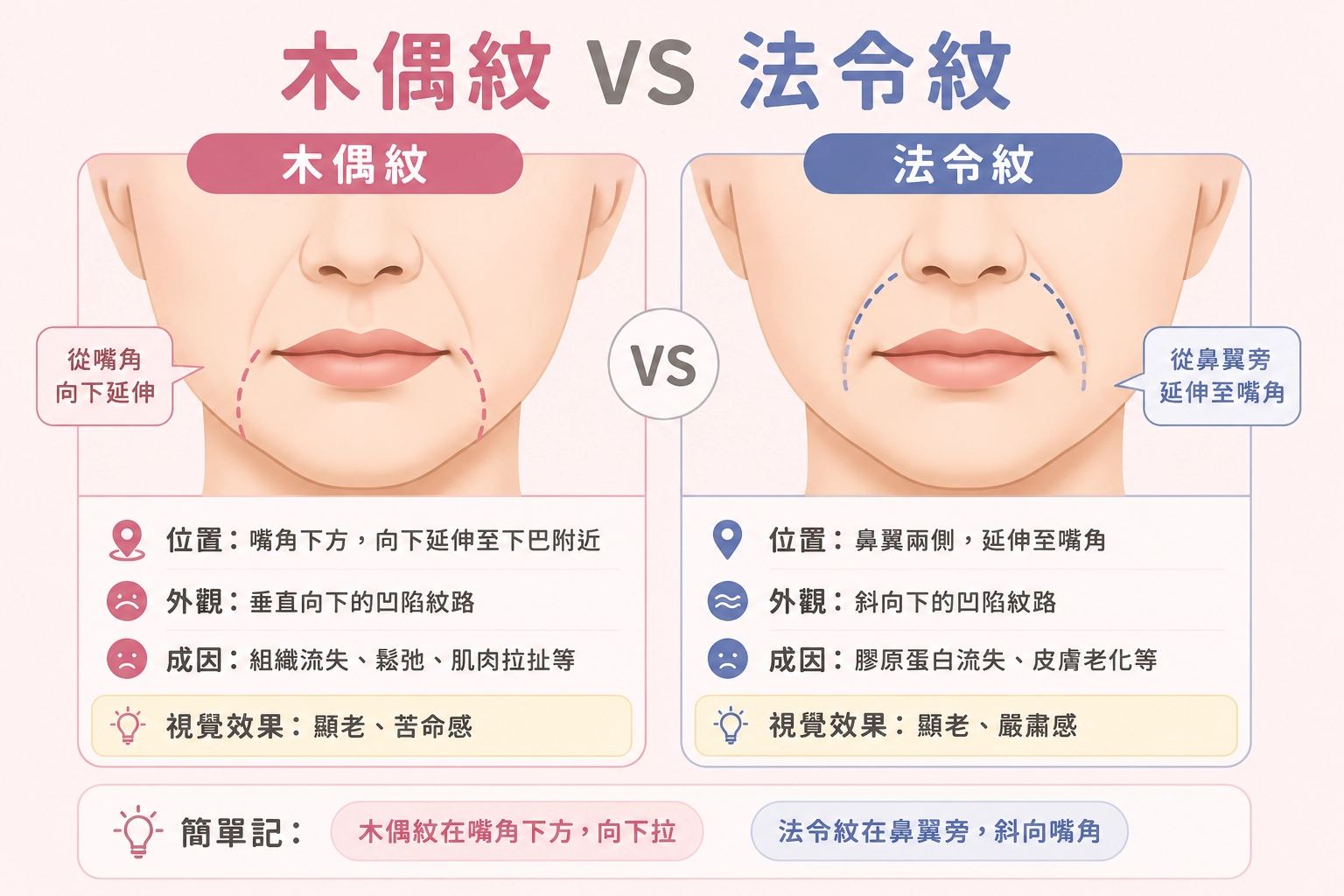 木偶紋主要是嘴角周圍的衰老標誌,而法令紋則比較集中在鼻翼到嘴巴的區域