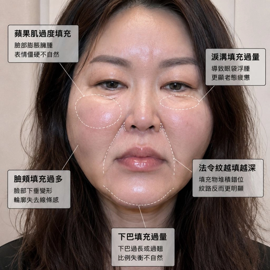 「饅化臉」指的是臉部因填充不當而變得腫脹、僵硬、不自然,甚至法令紋越填越深、蘋果肌反而更垂。