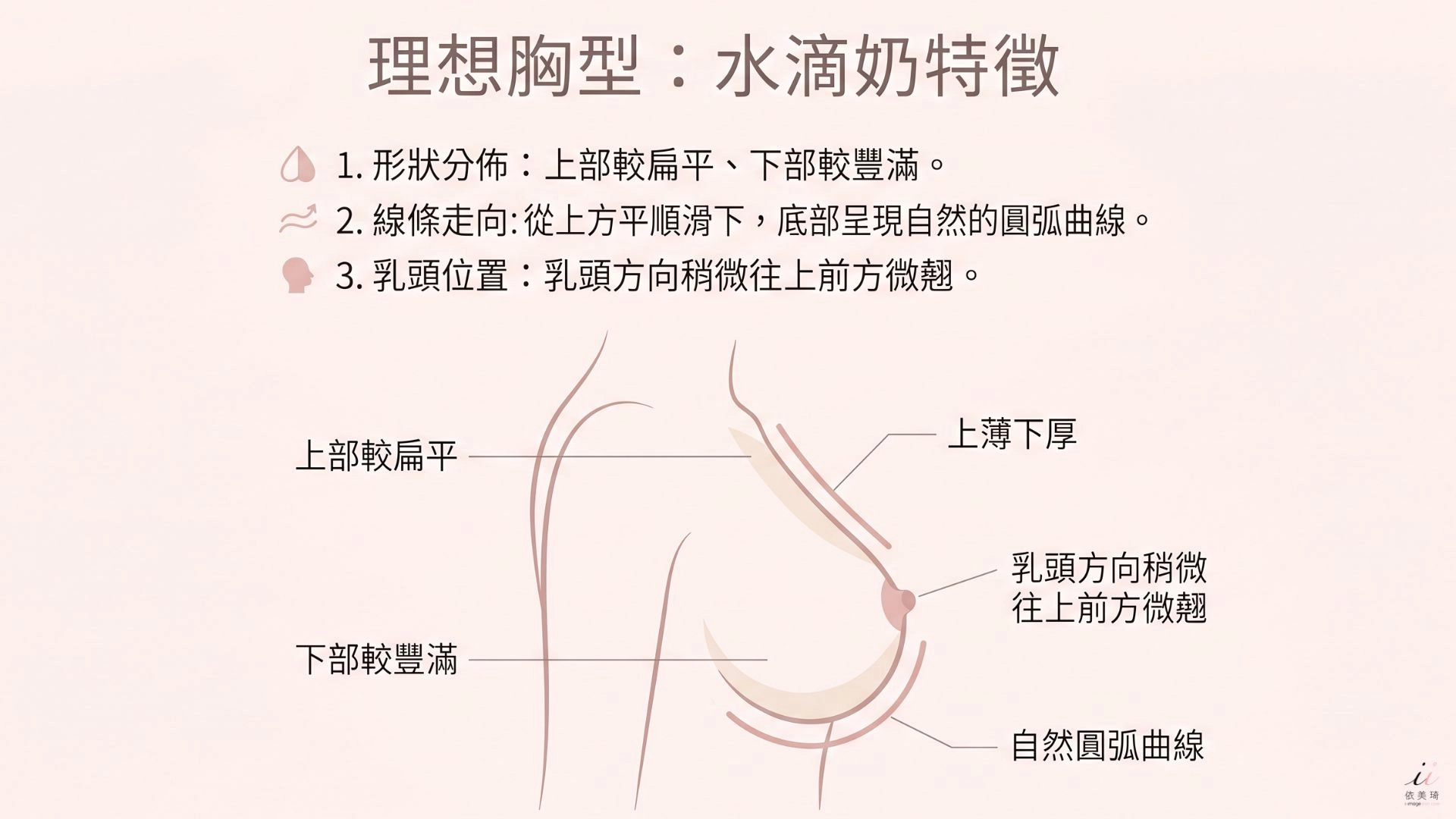 水滴奶指的是一種 上頭比較扁、下頭比較豐滿 的胸型。 它的 線條很平順地從上面滑下來 ，底部有個 自然的圓弧，而且 乳頭會稍微往上前方翹。