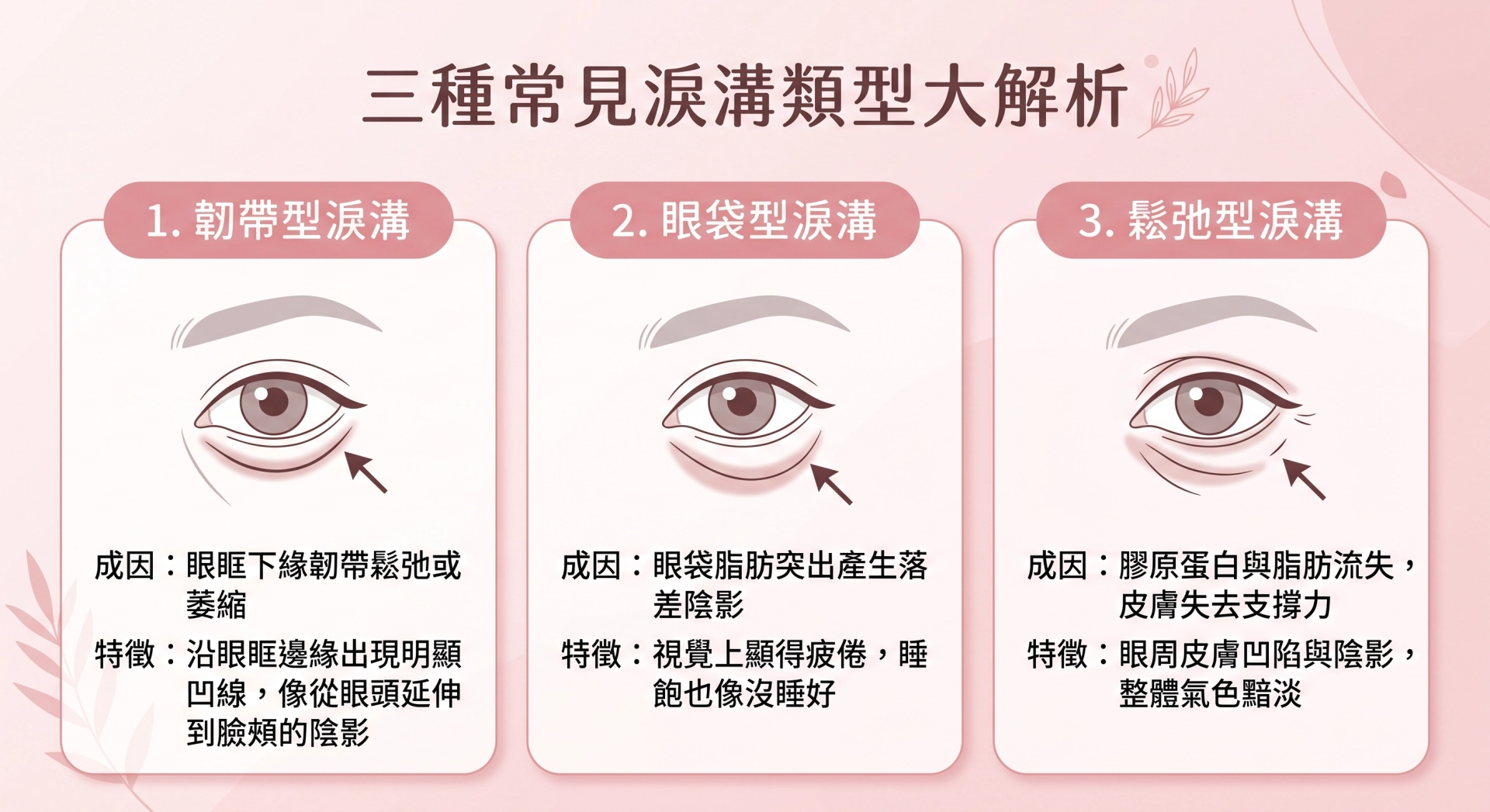 臨床上常依成因把淚溝分成三種類型:韌帶型淚溝、眼袋型淚溝、鬆弛型淚溝